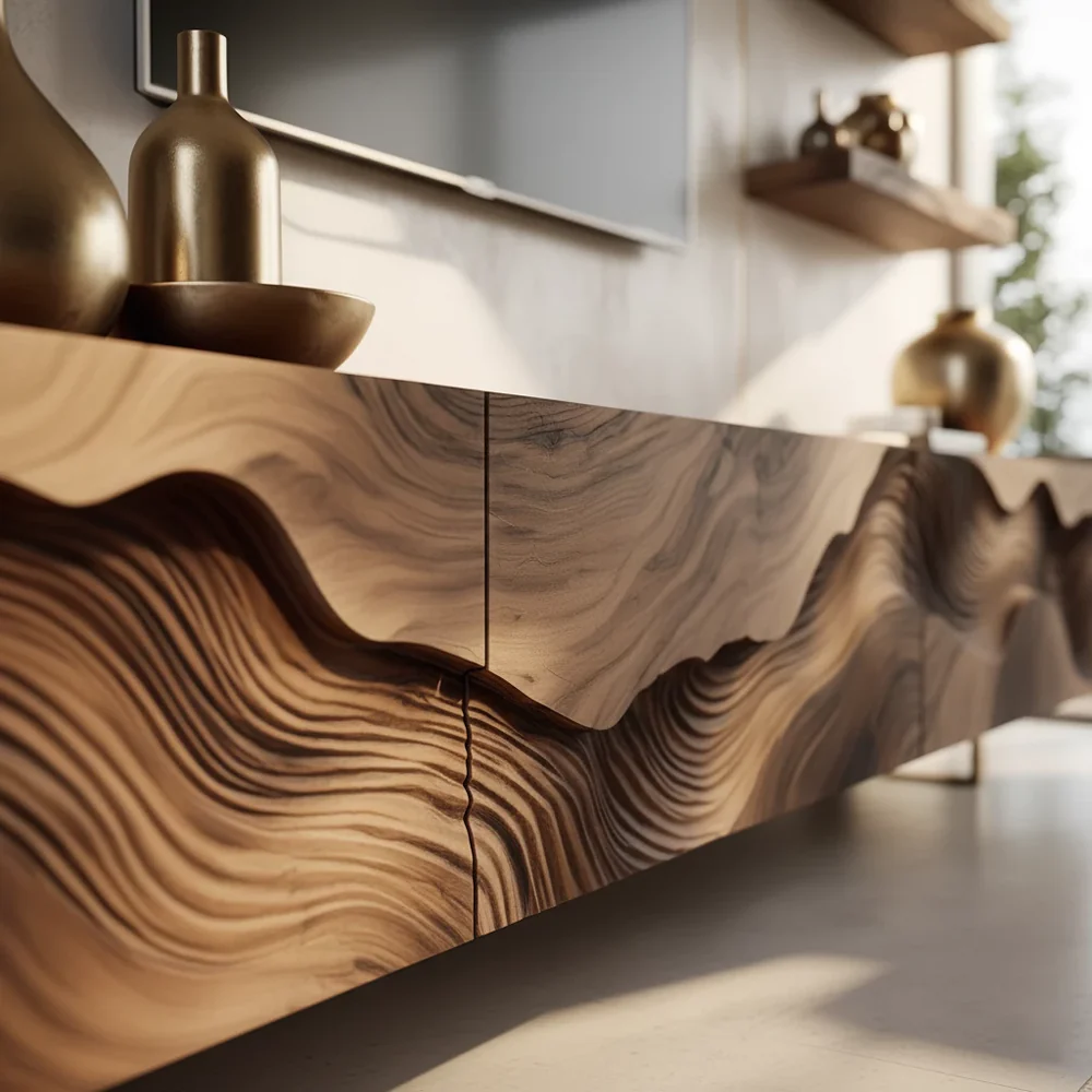 Solid Wood TV Stand Modern Walnut Media Console with Sculpted Wave Doors
