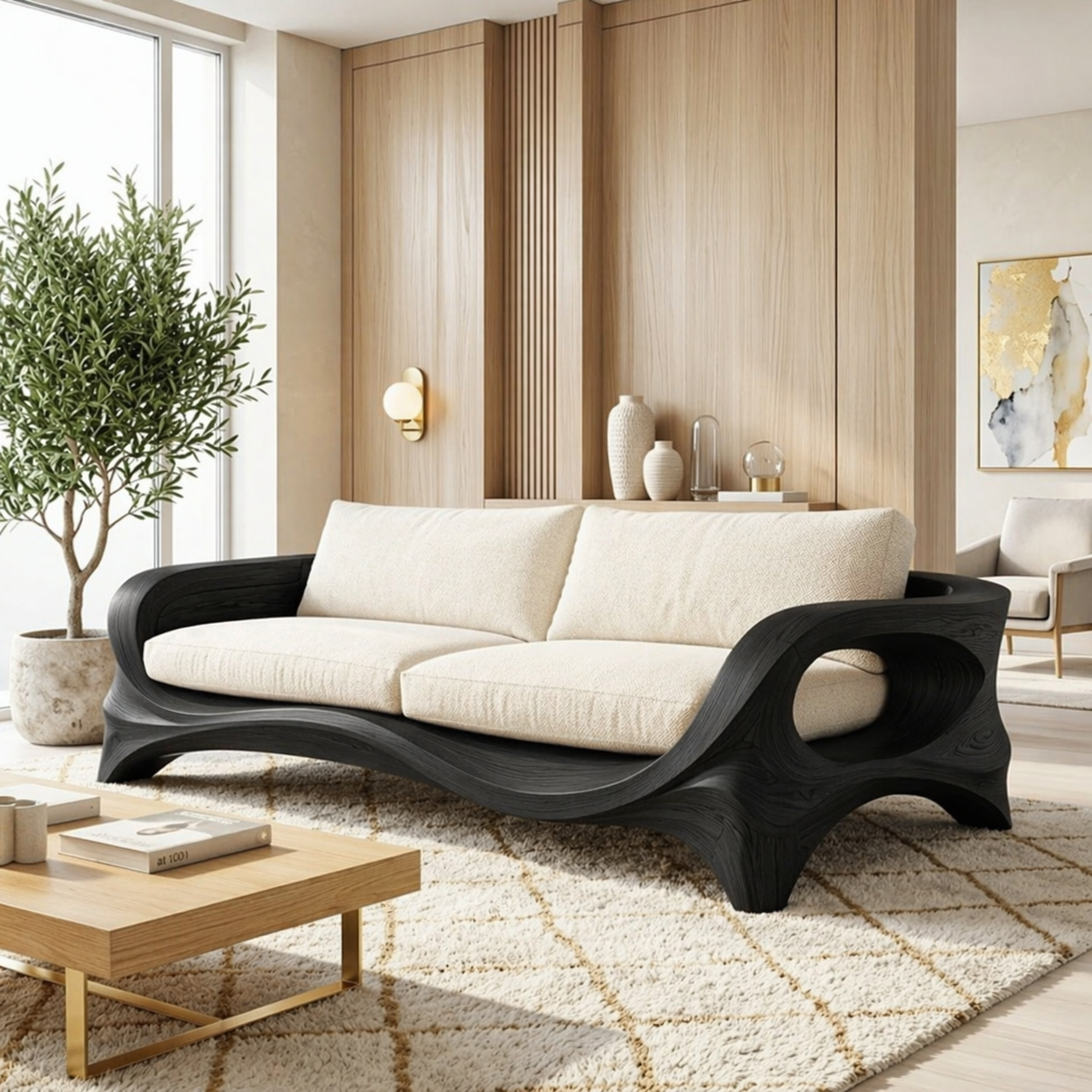 Modern Sculptural Curved Sofa, Organic Minimalist Statement Living Room Furniture