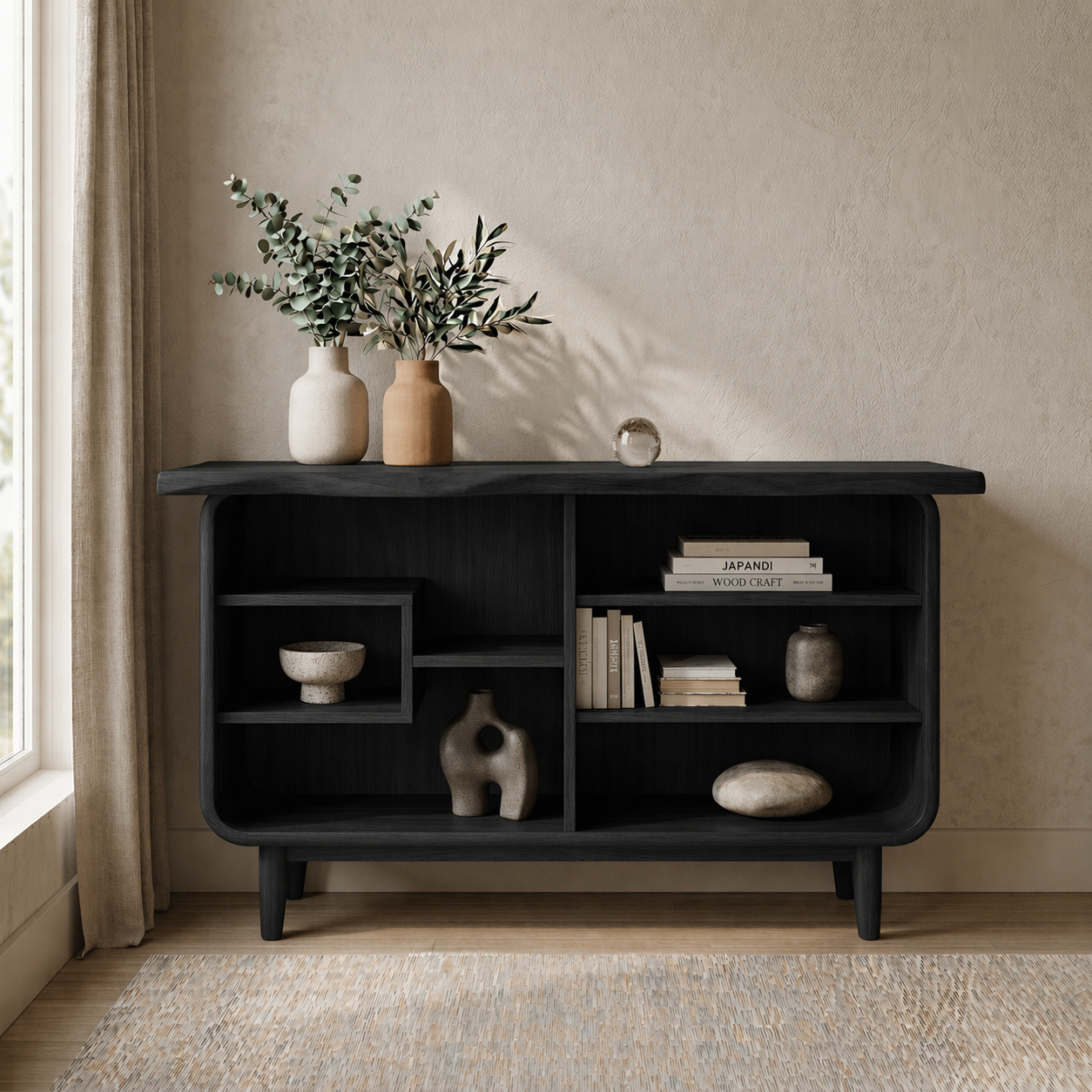 Solid Wood Console Cabinet with Open Shelves – Modern Rustic Storage Sideboard