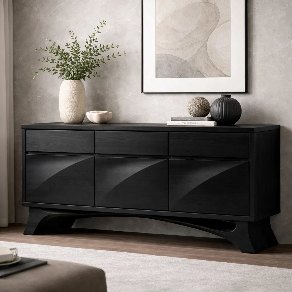 Solid Wood Console Cabinet with Drawers – Modern Walnut Sideboard Storage