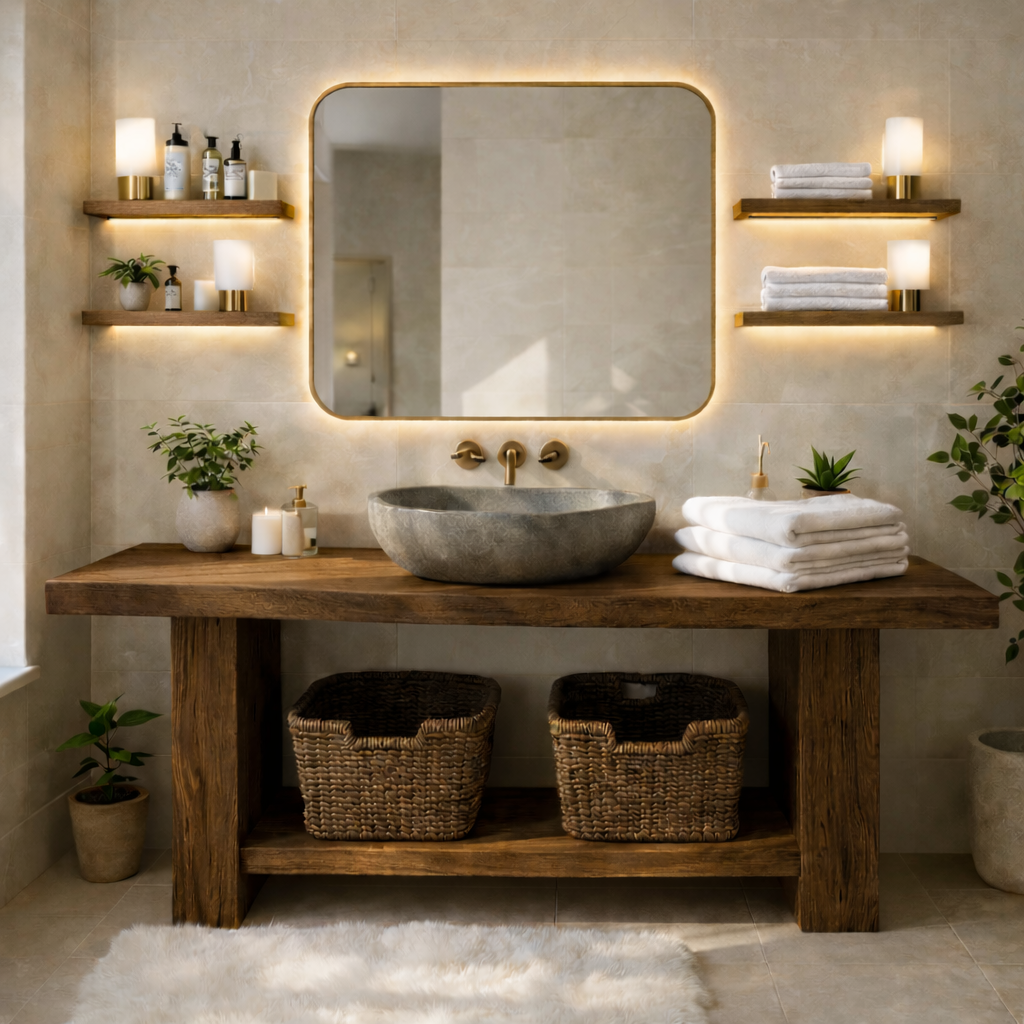 Rustic Solid Wood Bathroom Vanity Table With Open Shelf Farmhouse Bathroom Cabinet