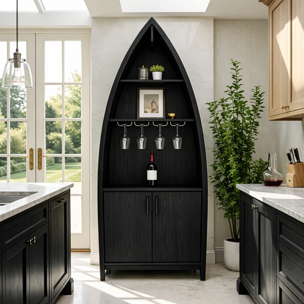 Modern Boat Shaped Bar Cabinet with Glass Rack and Concealed Storage Doors
