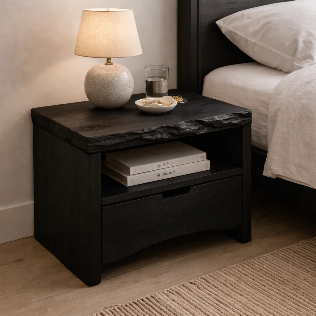 Solid Wood Live Edge End Table with Drawer and Shelf – Rustic Bedside Nightstand
