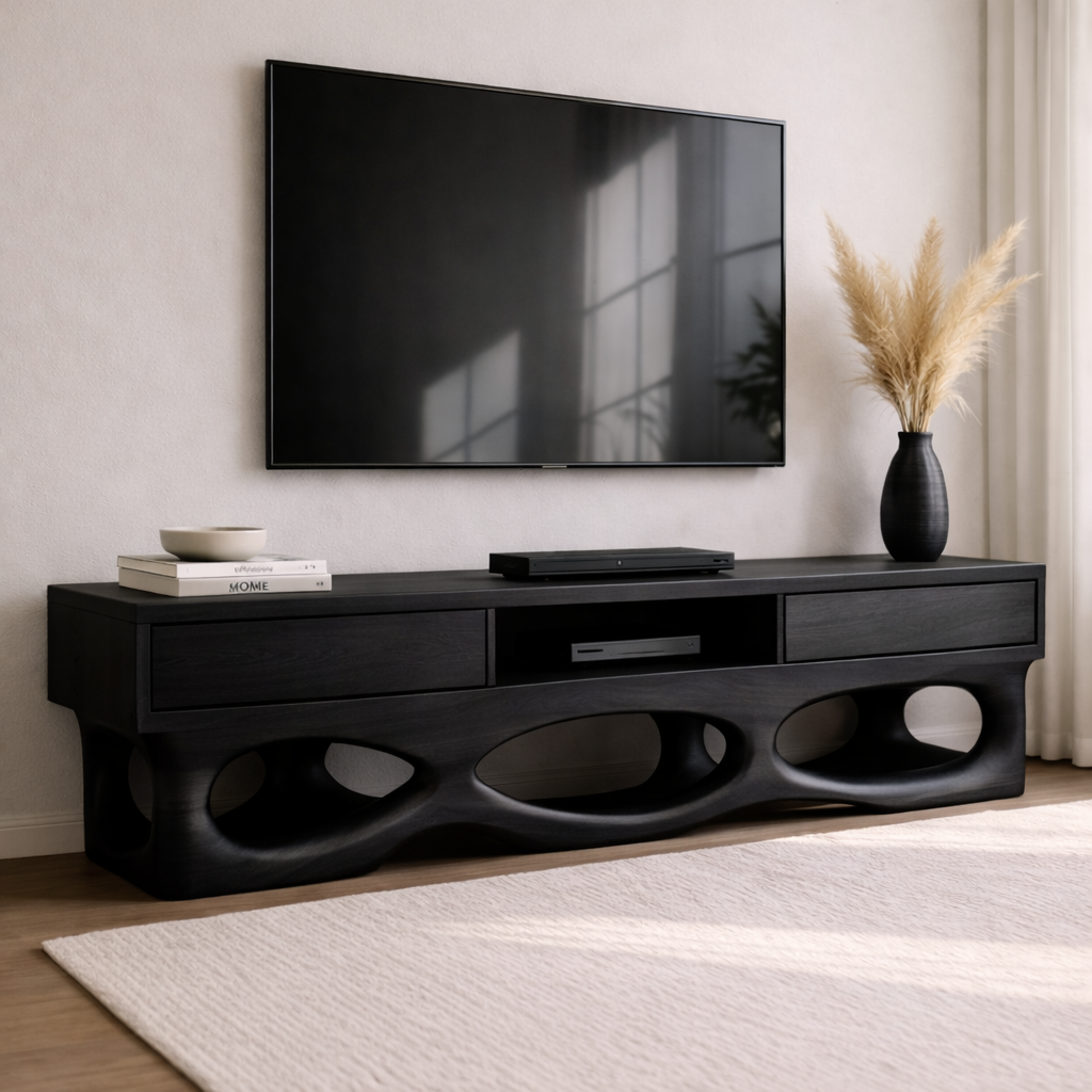 Solid Wood TV Cabinet with Sculptural Base and Storage Drawers