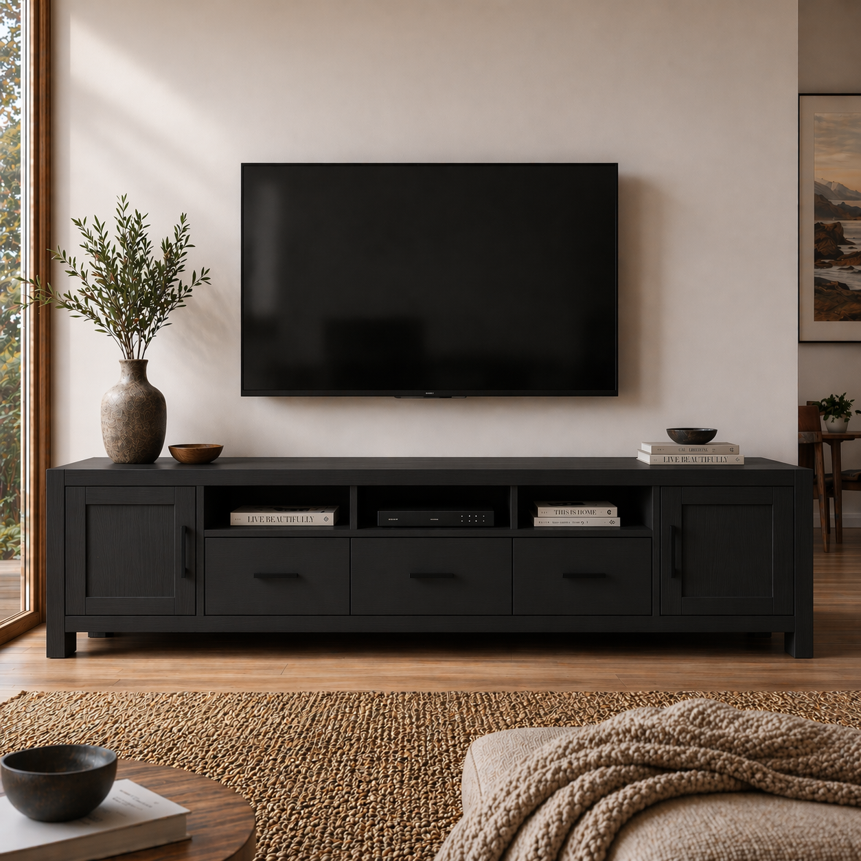 Solid Wood Media Console with Drawers, Modern TV Stand with Storage Cabinets