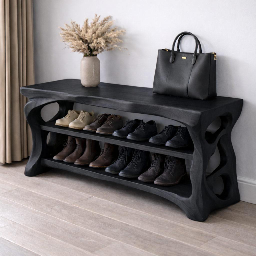 Solid Wood Entryway Bench with Shoe Storage Shelf – Rustic Natural Wood Shoe Rack