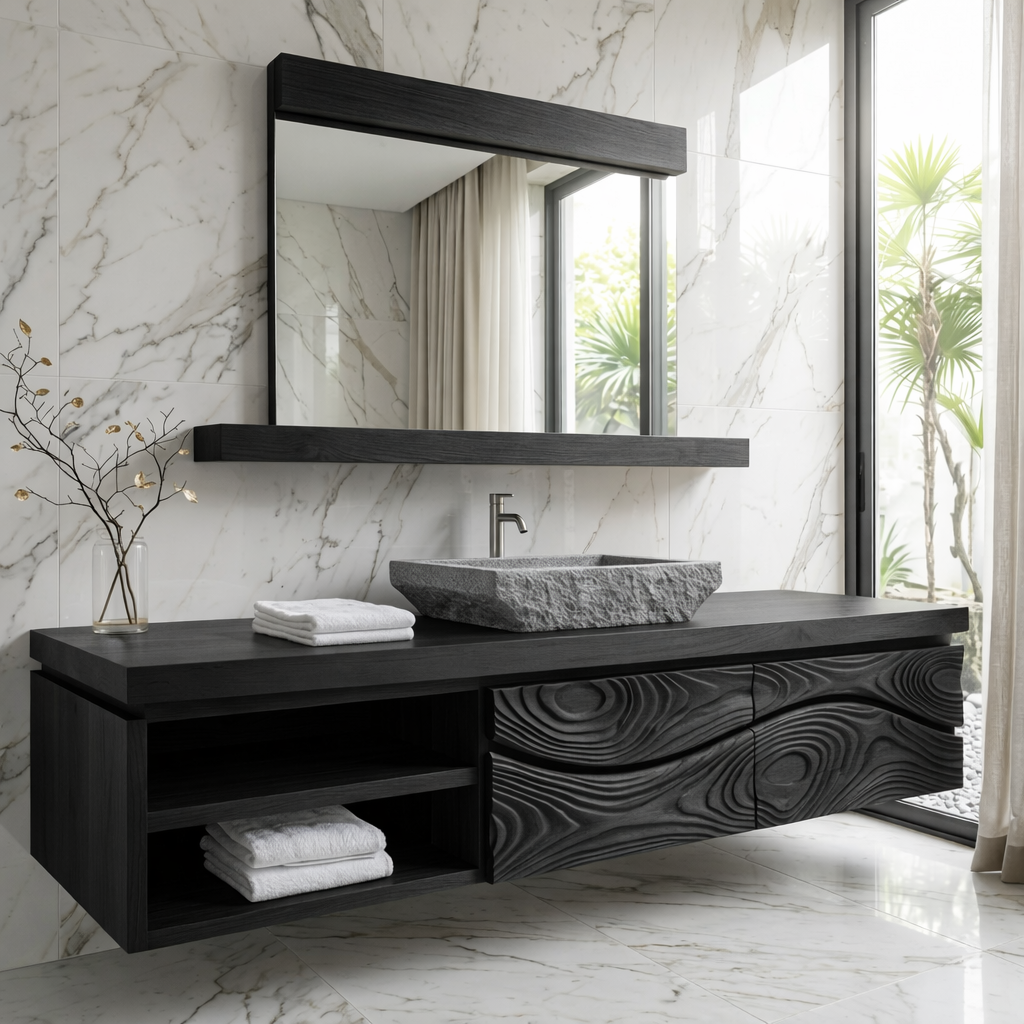 Modern Solid Wood Bathroom Vanity with Floating Storage and Sculpted Drawer Front