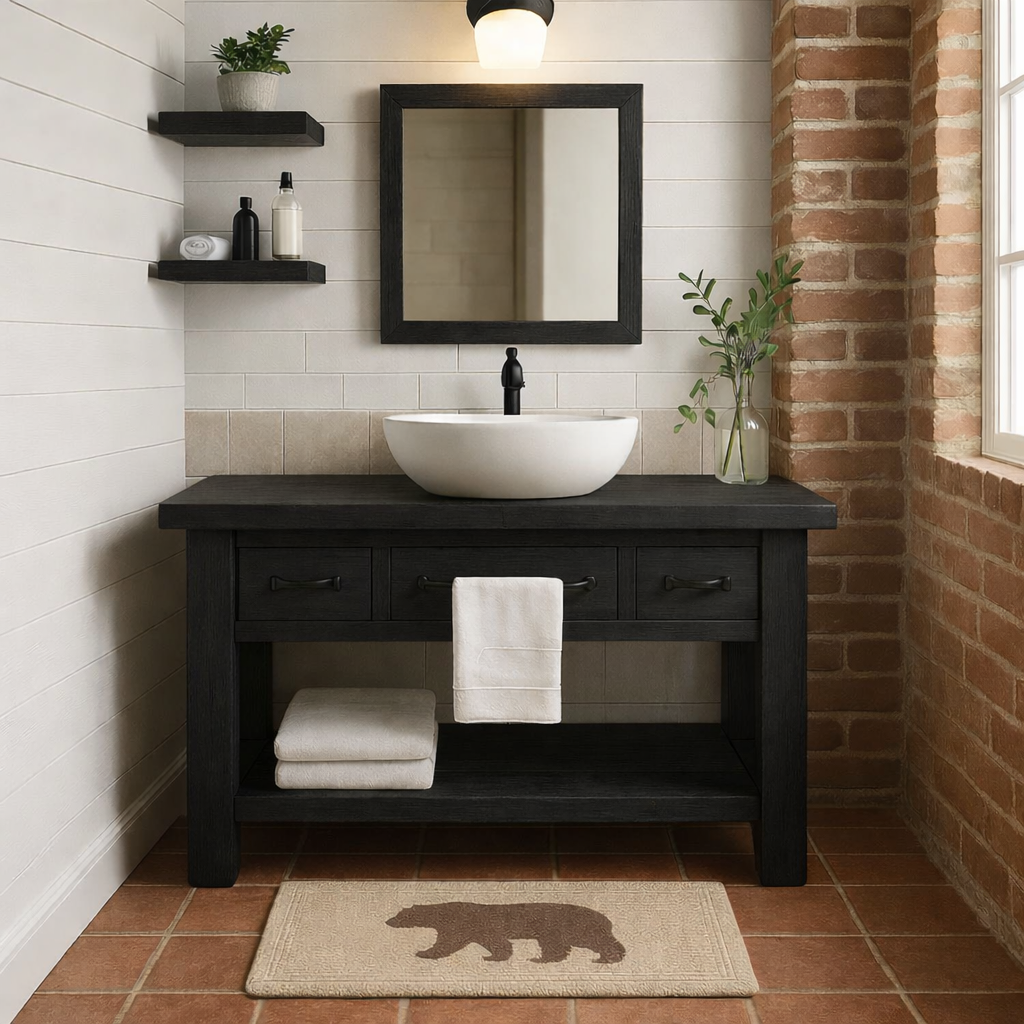 Rustic Solid Wood Bathroom Vanity with Vessel Sink & Storage – Modern Design