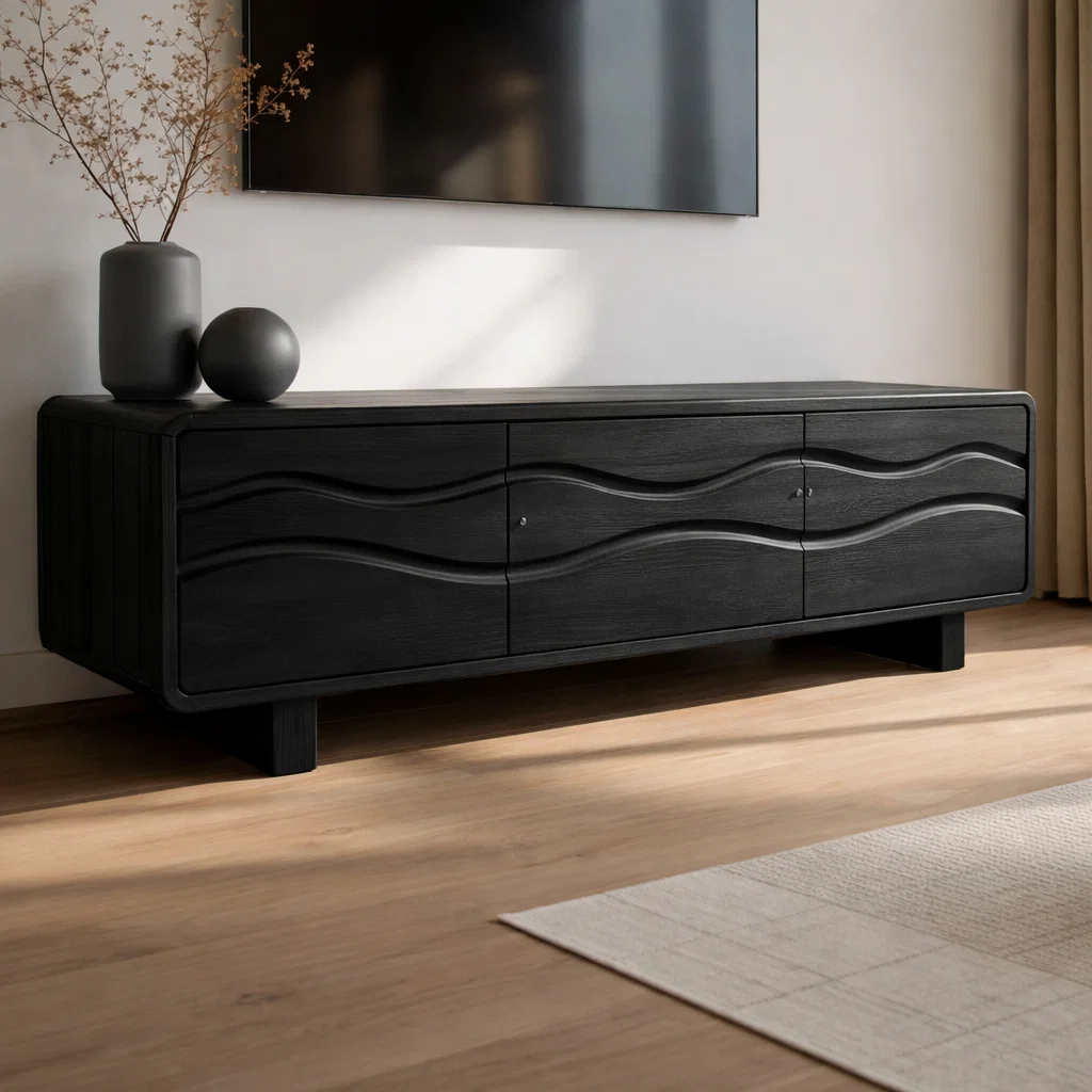 Solid Wood Wave Front TV Cabinet – Modern Low Media Console with Storage Doors
