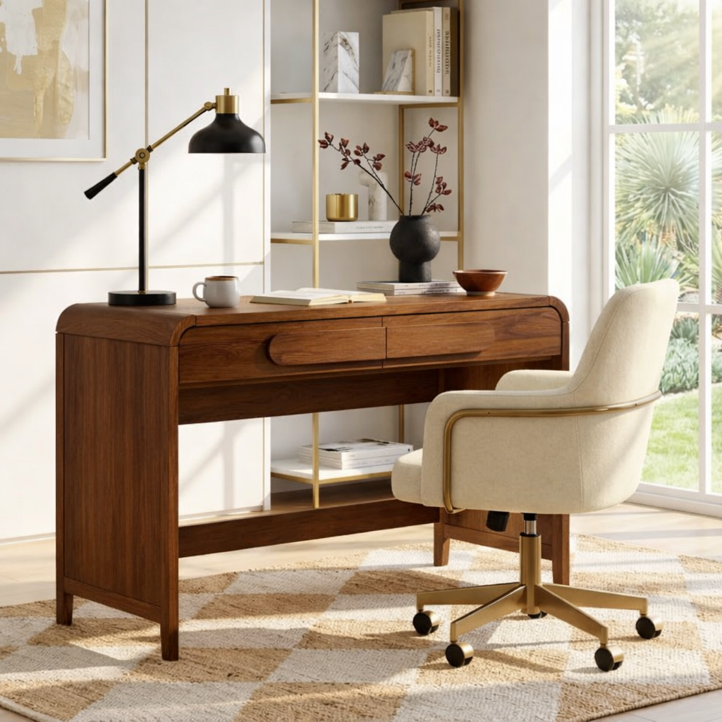 Modern Writing Desk with Storage Drawers and Open Shelf Home Office Desk