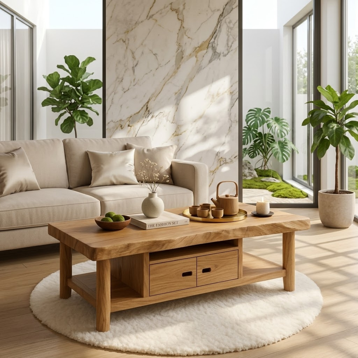 Solid Wood Coffee Table with Storage Shelf and Drawers for Living Room Decor