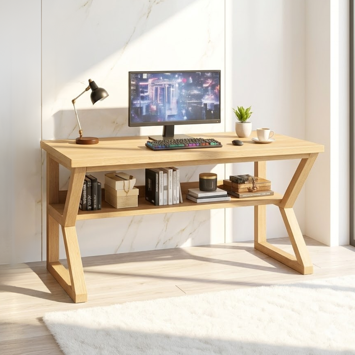Modern Long Work Desk with Open Shelf Home Office Computer Desk Minimal Design Table