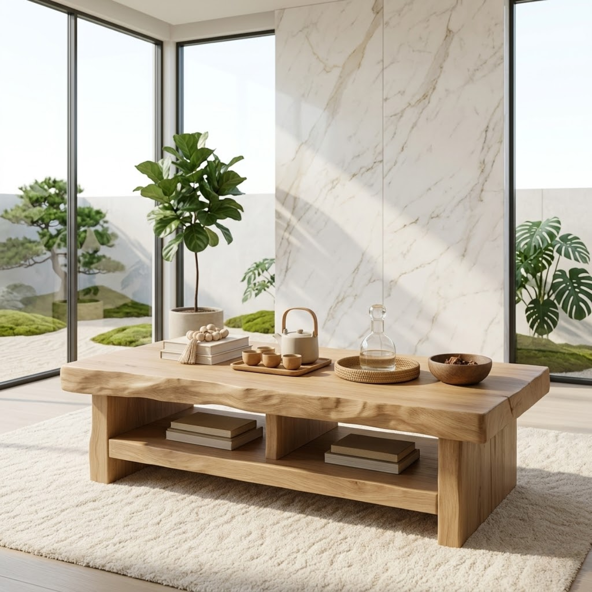 Rustic Solid Wood Coffee Table with Live Edge Top and Open Storage Shelf
