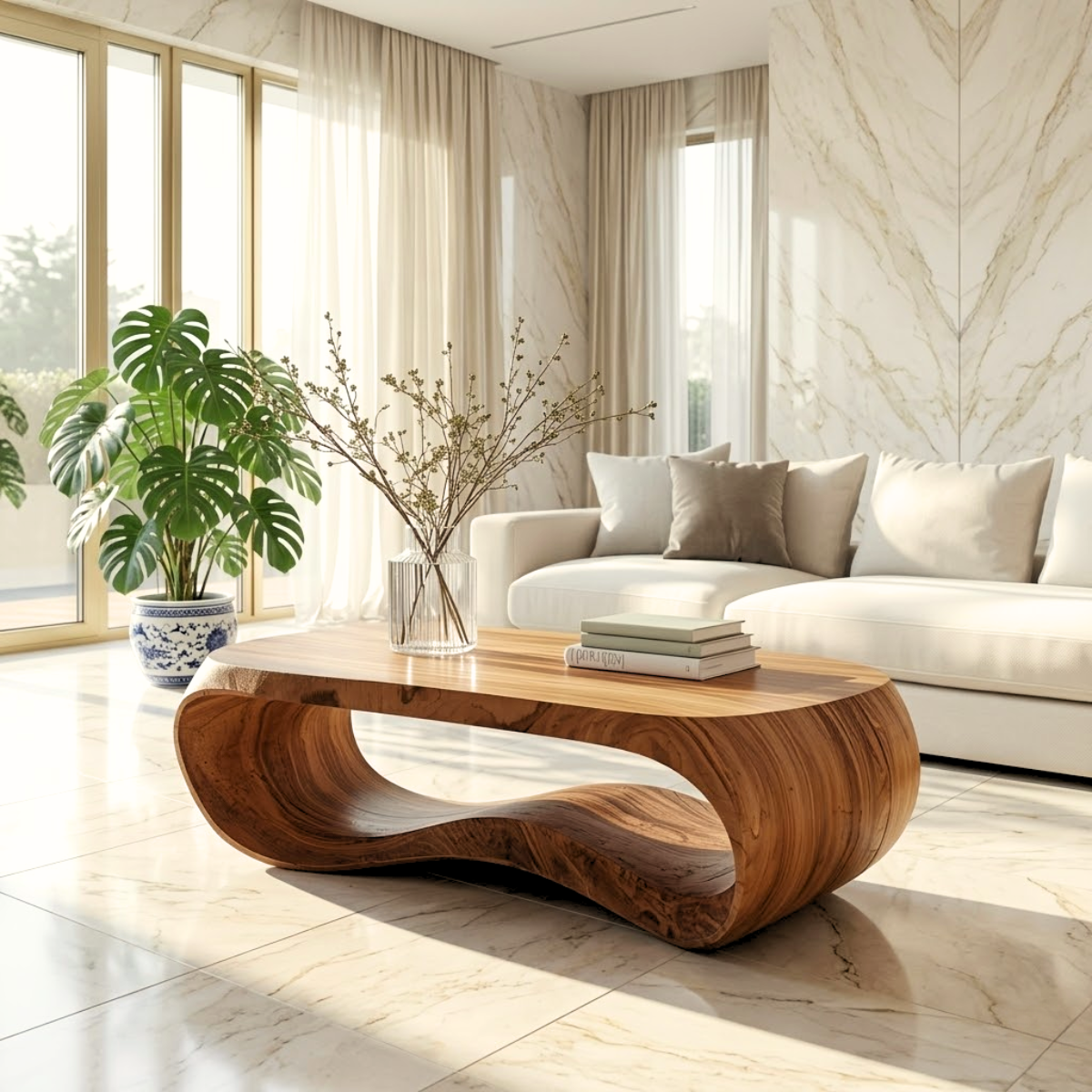 Contemporary Sculptural Wood Coffee Table with Curved Design
