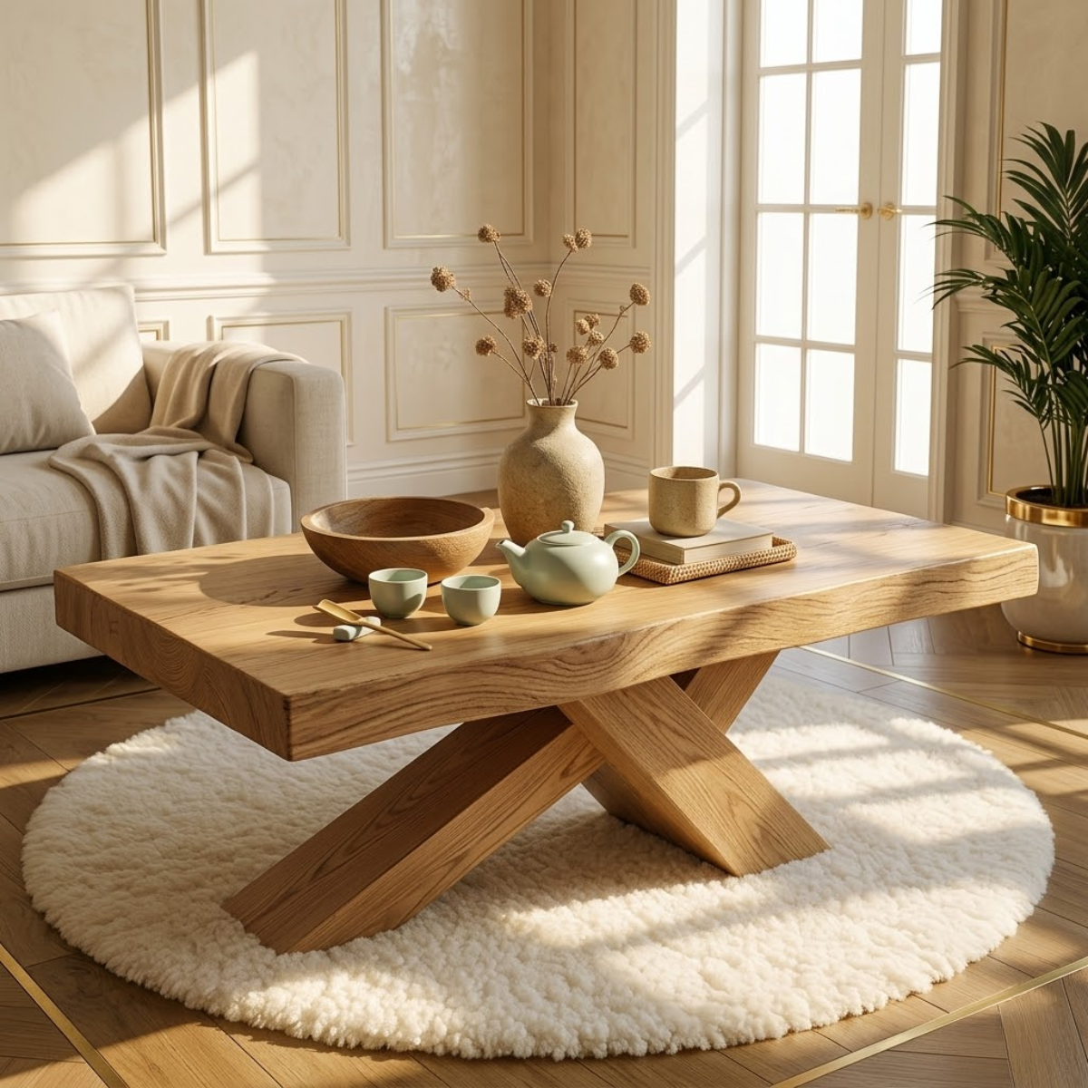 Rustic Solid Wood Coffee Table with X-shaped Legs and Natural Finish