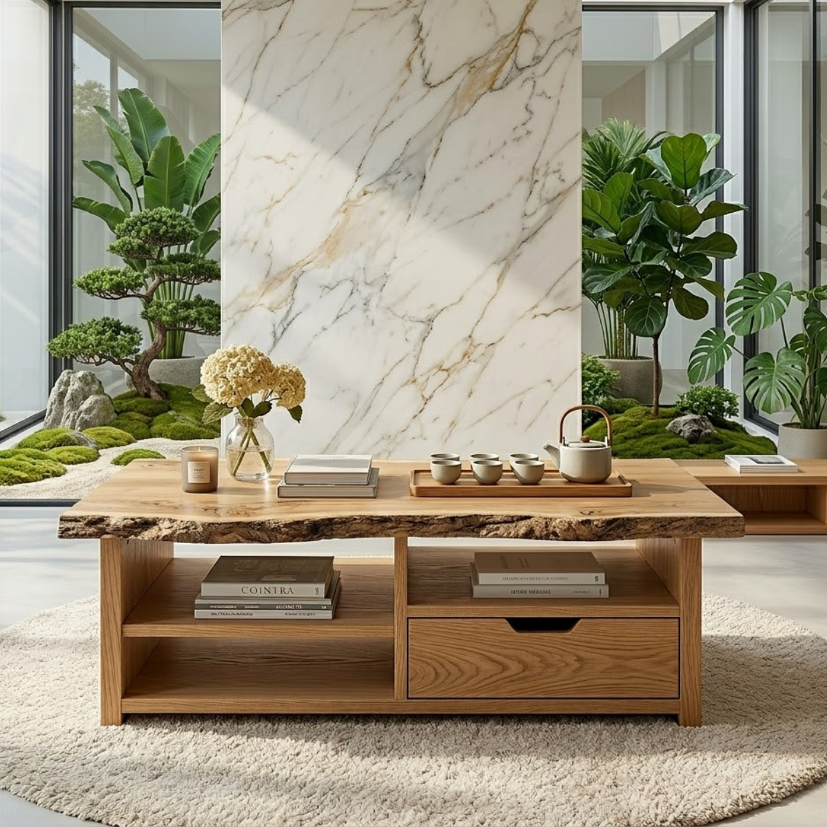 Live Edge Oak Coffee Table with Storage Drawer and Shelf, Solid Wood Living Room Table