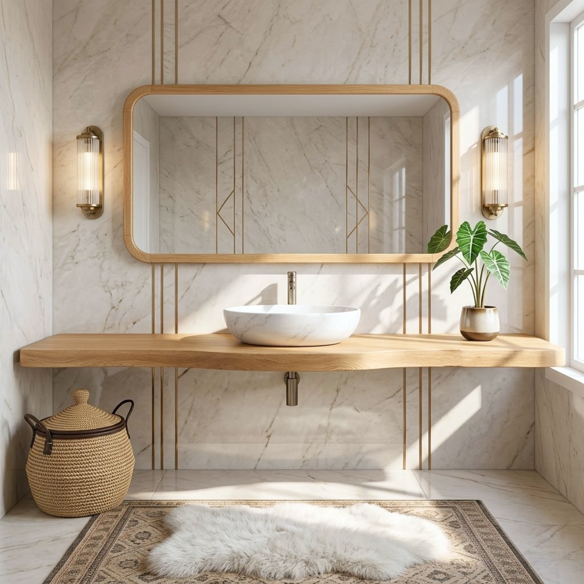 Floating Vanity with Wooden Base, White Stone Sink, and Elegant Design
