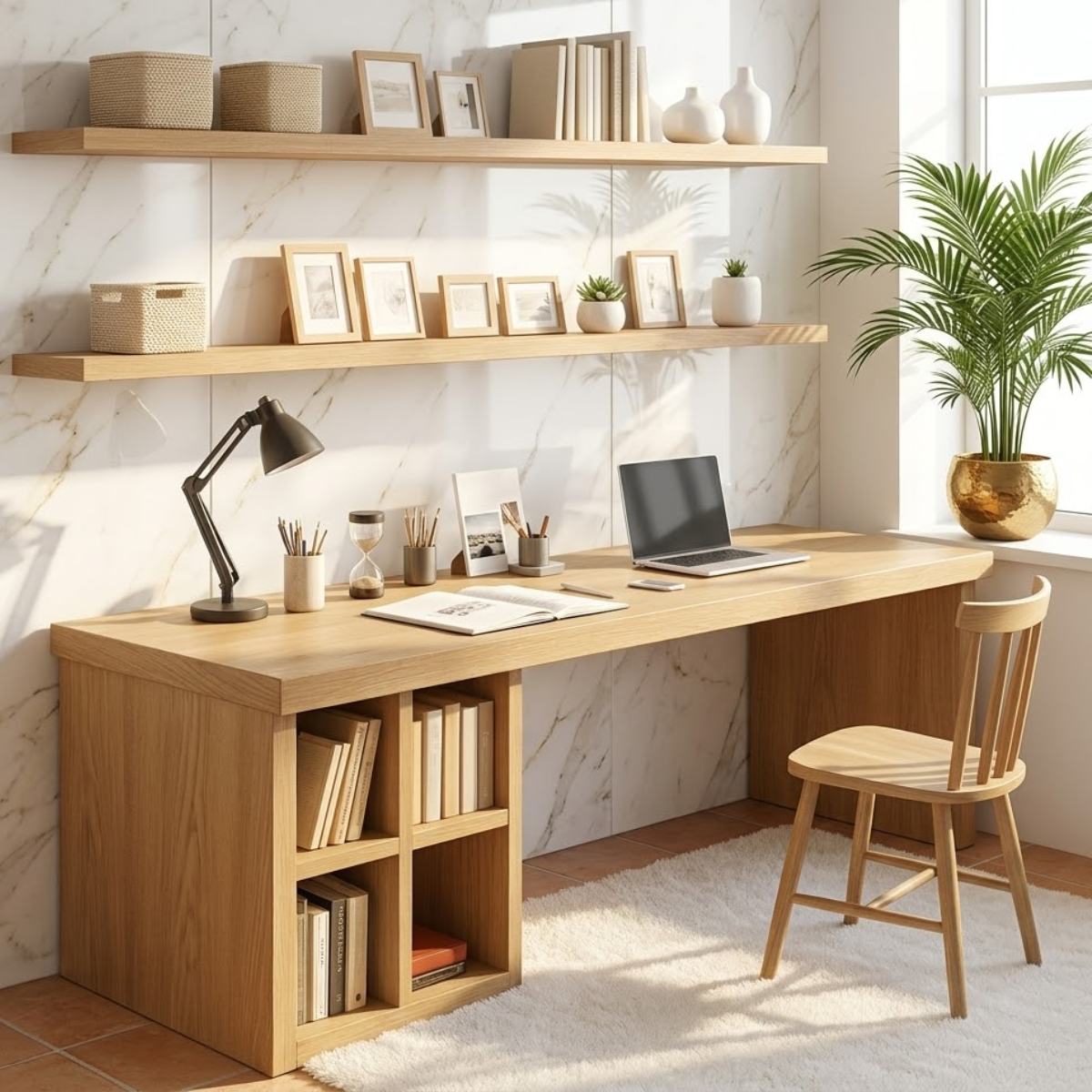 Modern Long Writing Desk with Storage Shelves Home Office Work Table Minimal Design