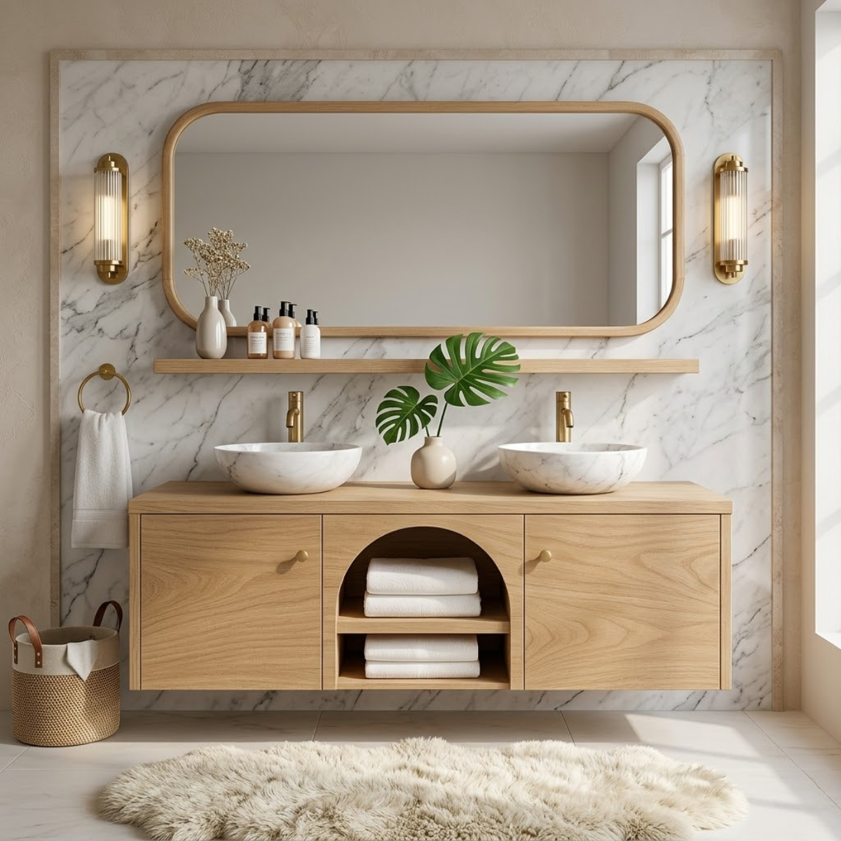 Double Sink Floating Vanity with Wooden Base and Elegant Gold Fixtures