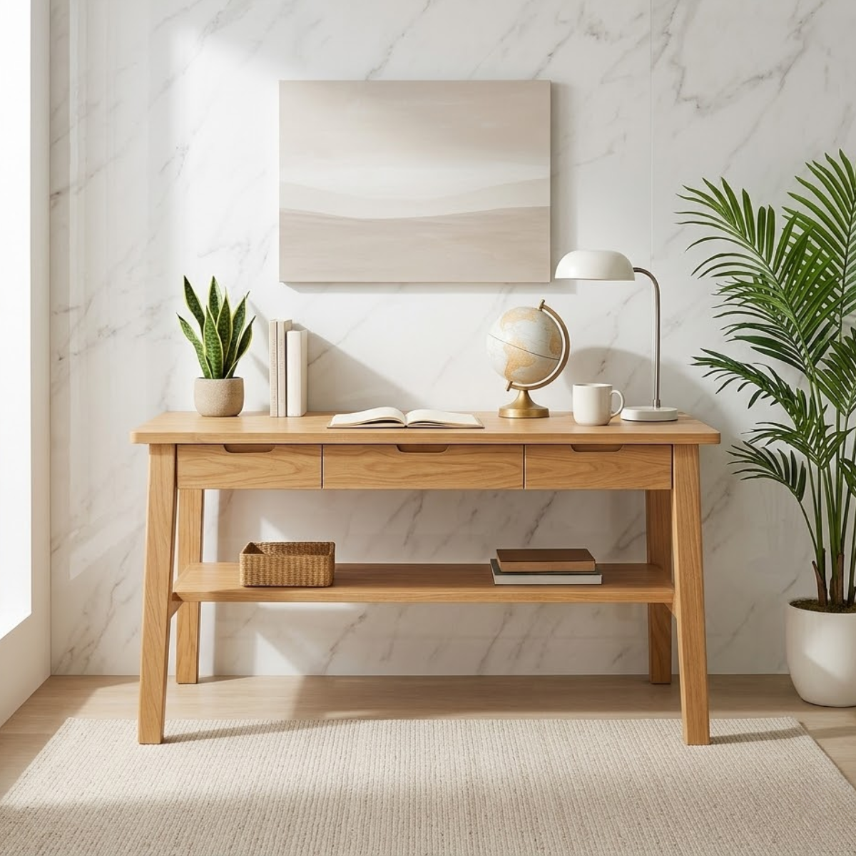 Mid-Century Modern Wood Desk with Drawers Storage Writing Desk Minimalist Home Office Table