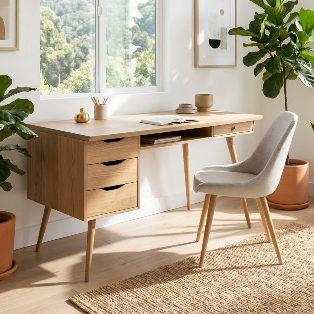 Mid Century Modern Desk with Drawers Storage Home Office Writing Table Solid Frame