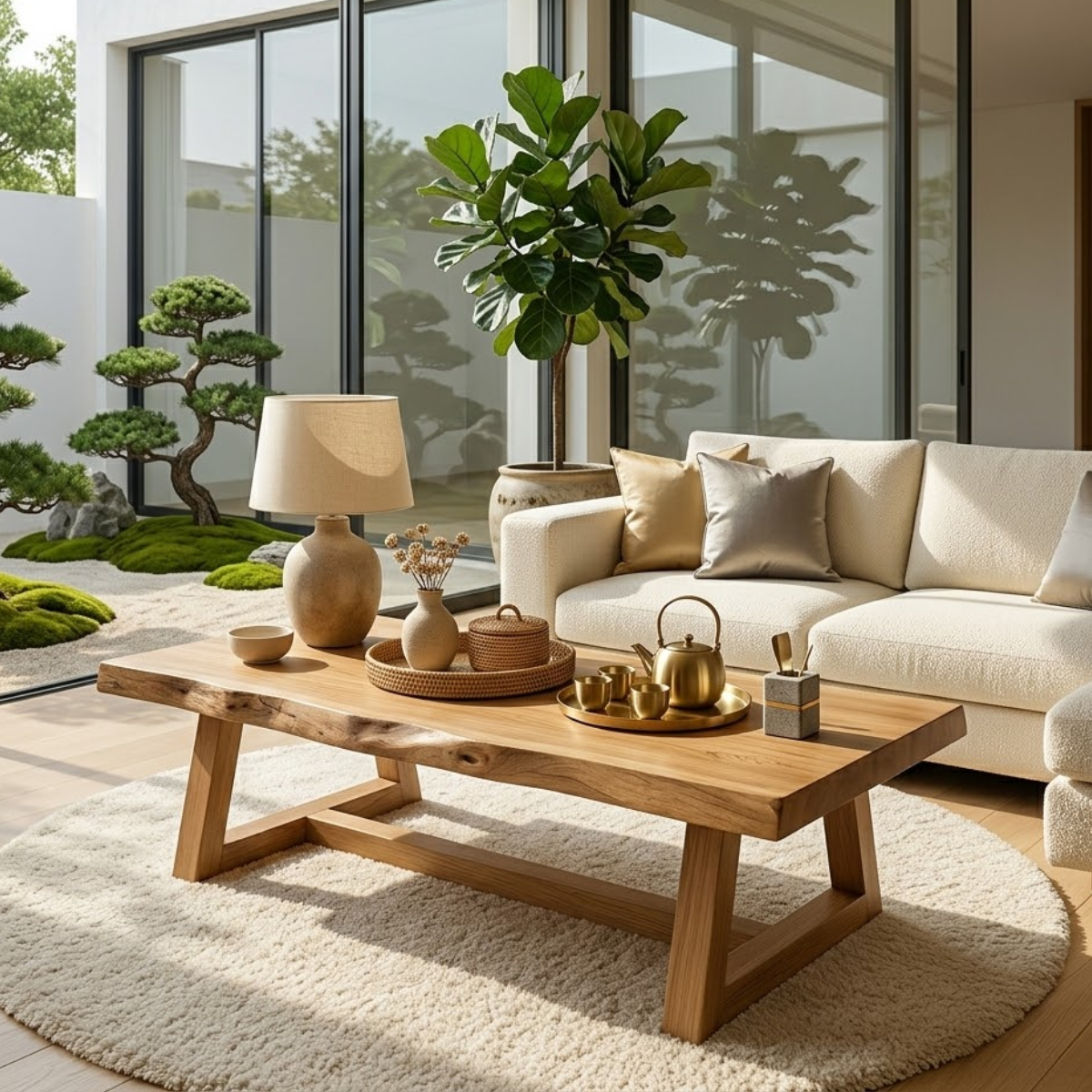 Rustic Solid Wood Coffee Table with Live Edge Top and Trestle Base for Living Room