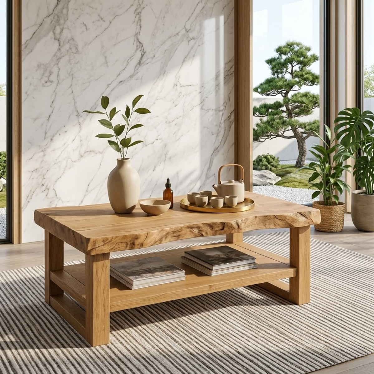 Rustic Solid Wood Coffee Table with Natural Finish and Lower Storage