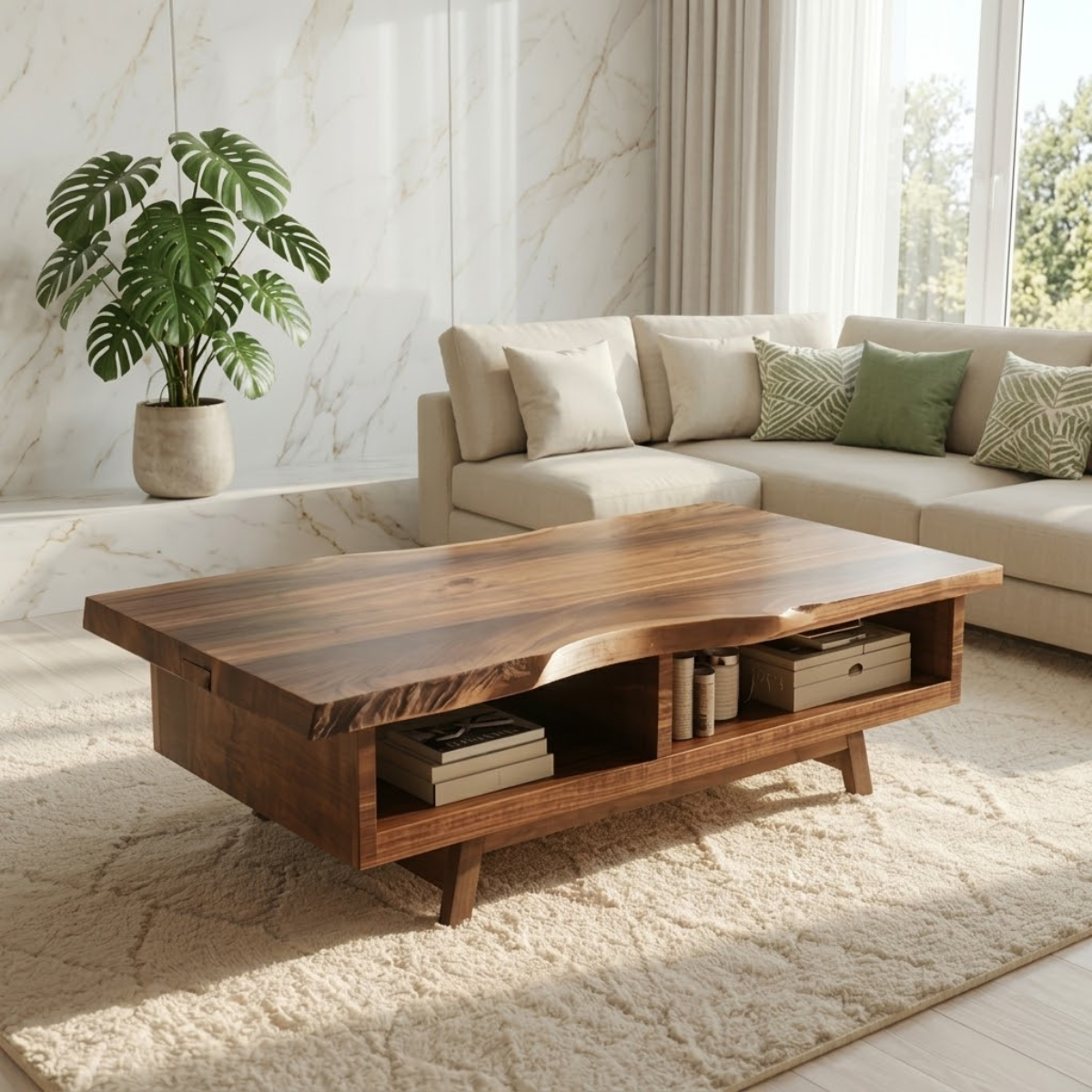 Handcrafted Walnut Coffee Table with Storage, Natural Wood Living Room Furniture