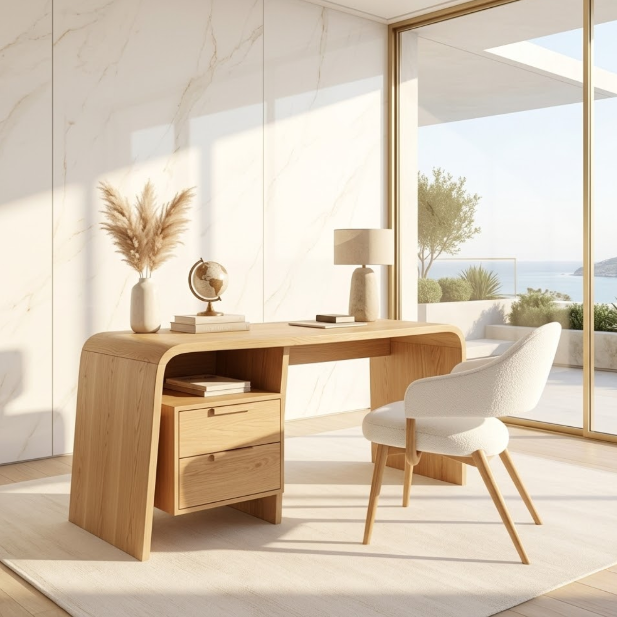 Modern Curved Writing Desk with Drawers Home Office Work Table Minimal Design