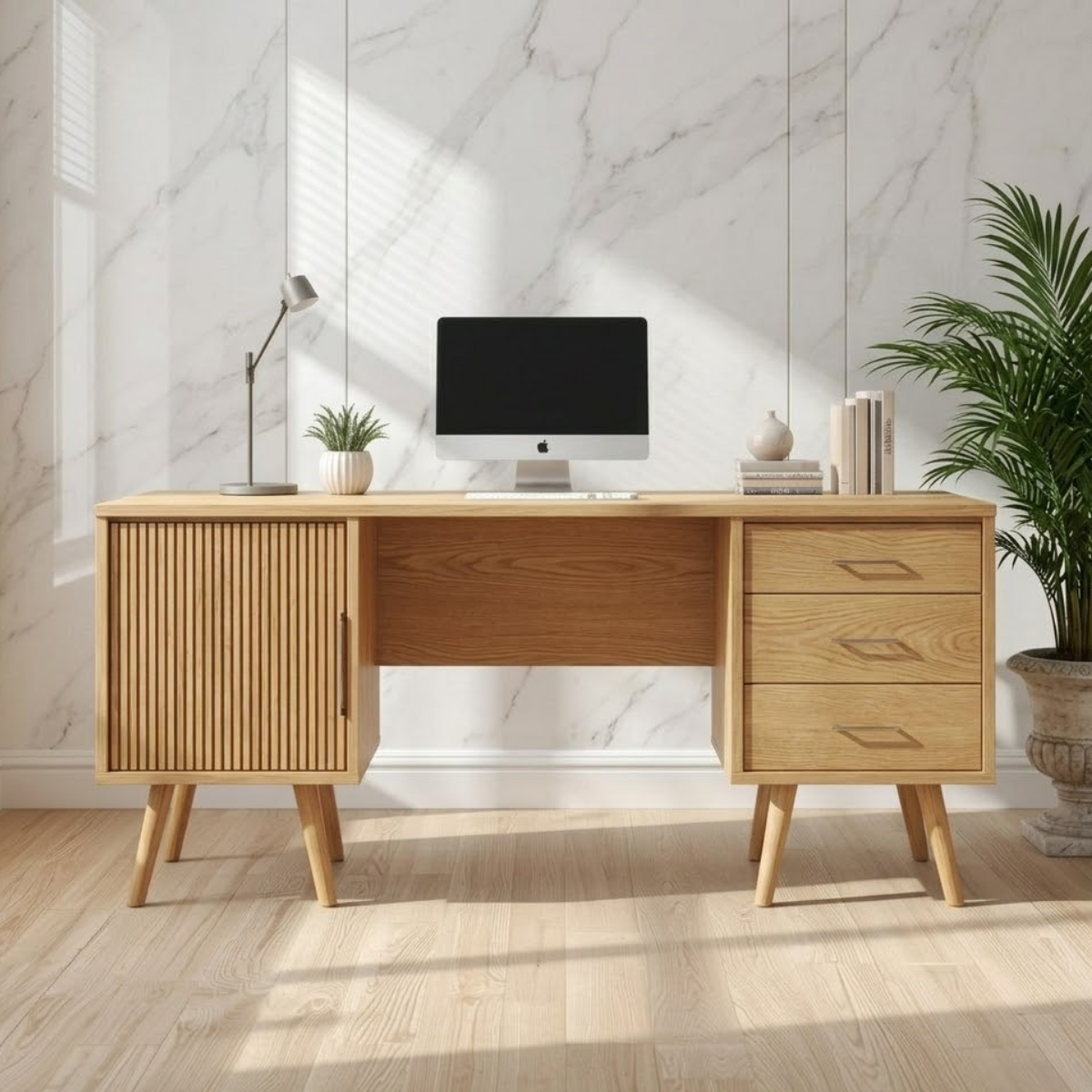 Mid Century Modern Writing Desk with Cabinet and Drawers Home Office Work Table