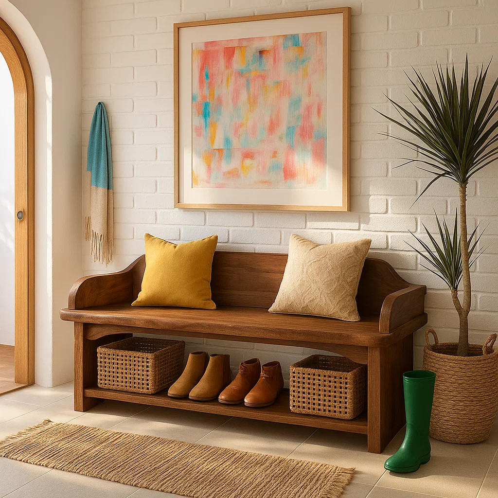 Solid Wood Entryway Bench with Armrests and Shoe Shelf Storage