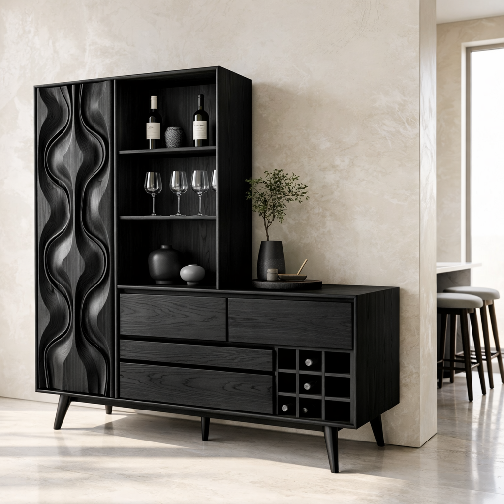 Modern Wine Cabinet Sideboard with Sculpted Door, Open Shelves and Bottle Storage