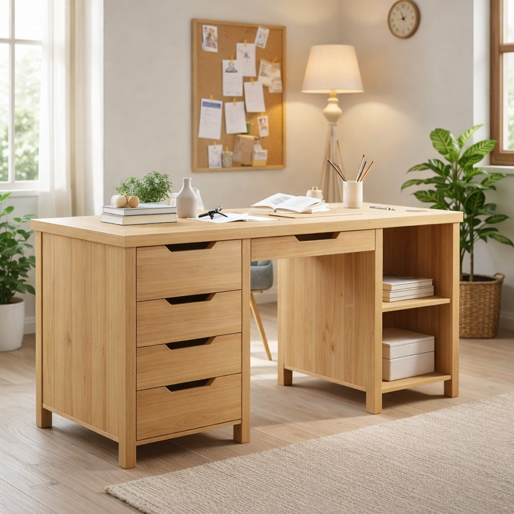 Solid Wood Handmade Work Desk with Drawers and Bookshelf Storage