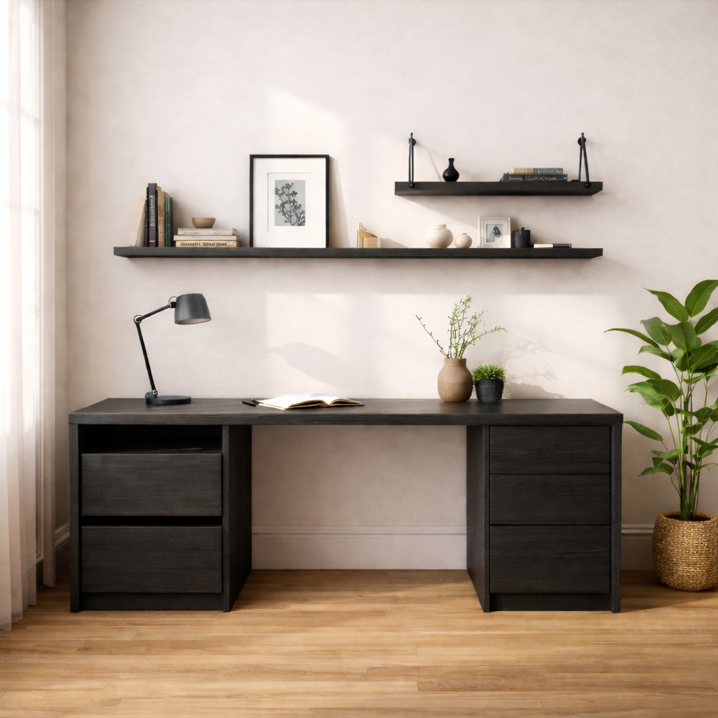 Modern Black Wood Executive Desk with Drawers Large Home Office Writing Table