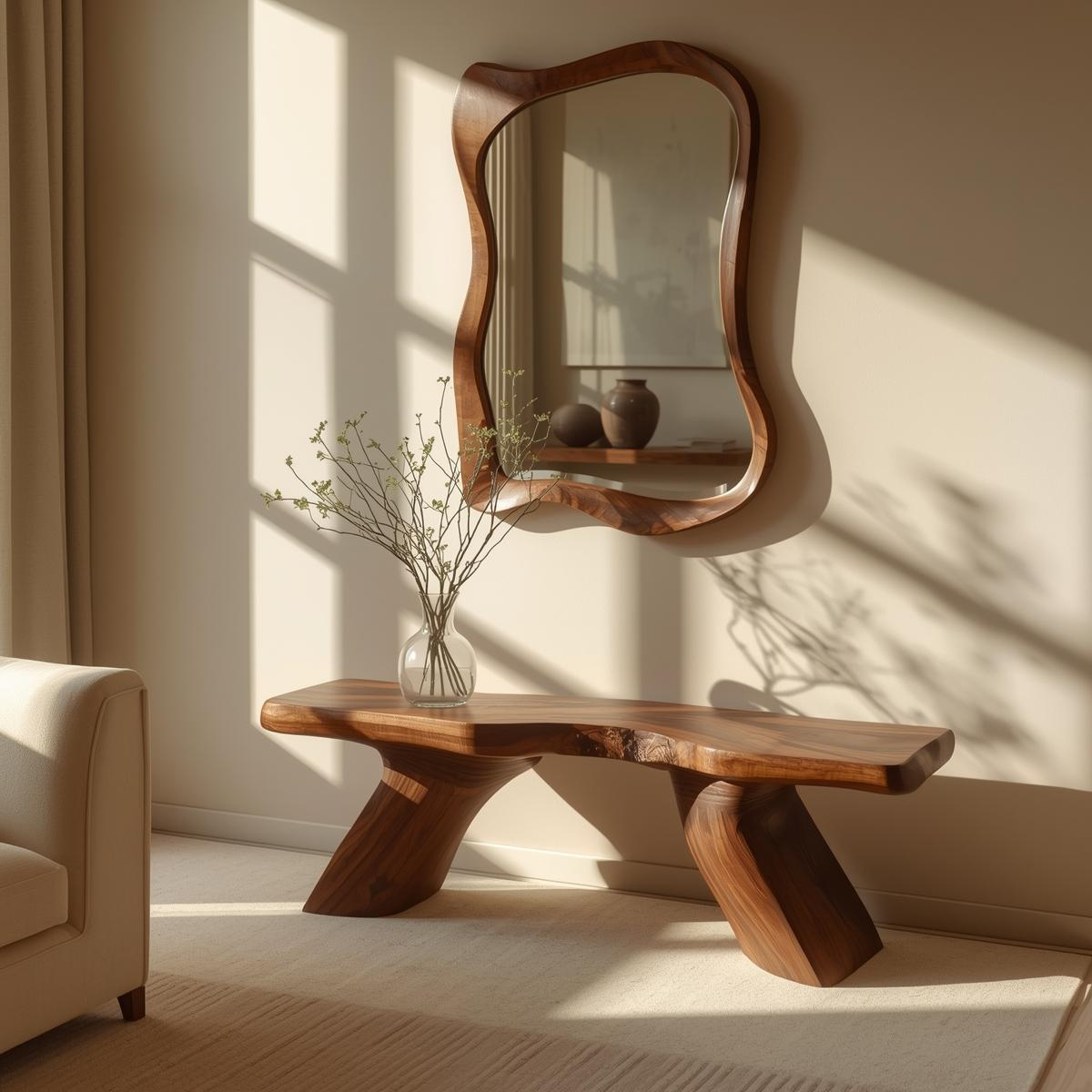 Solid Wood Entryway Bench with Sculptural Legs, Handmade Modern Hallway Seat