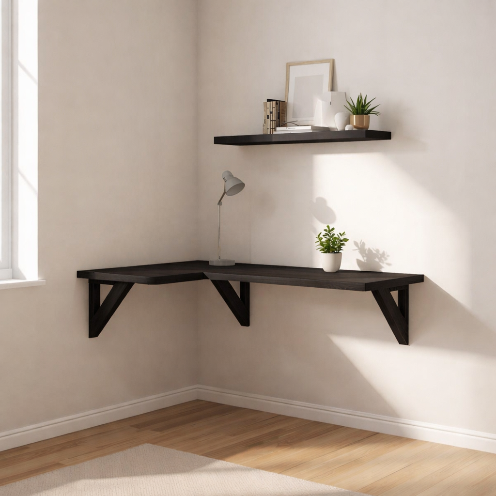 Floating Walnut Corner Desk – Minimalist Wall-Mounted Workspace