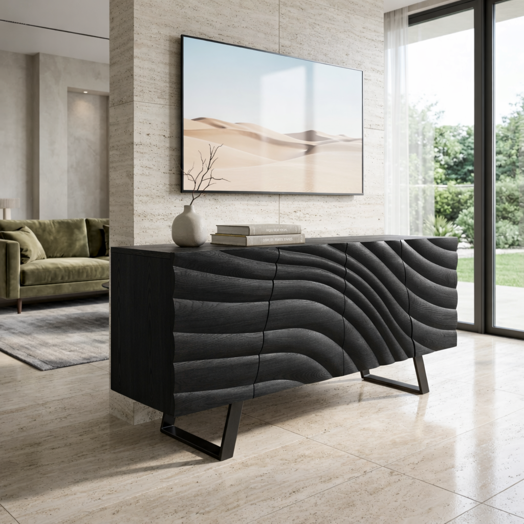 Solid Wood TV Stand with Sculpted Doors, Modern Media Console for Living Room
