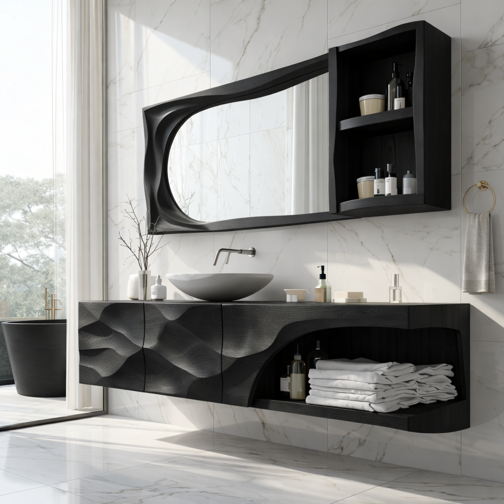 Modern Solid Wood Bathroom Vanity with Floating Storage and Sculpted Front Design