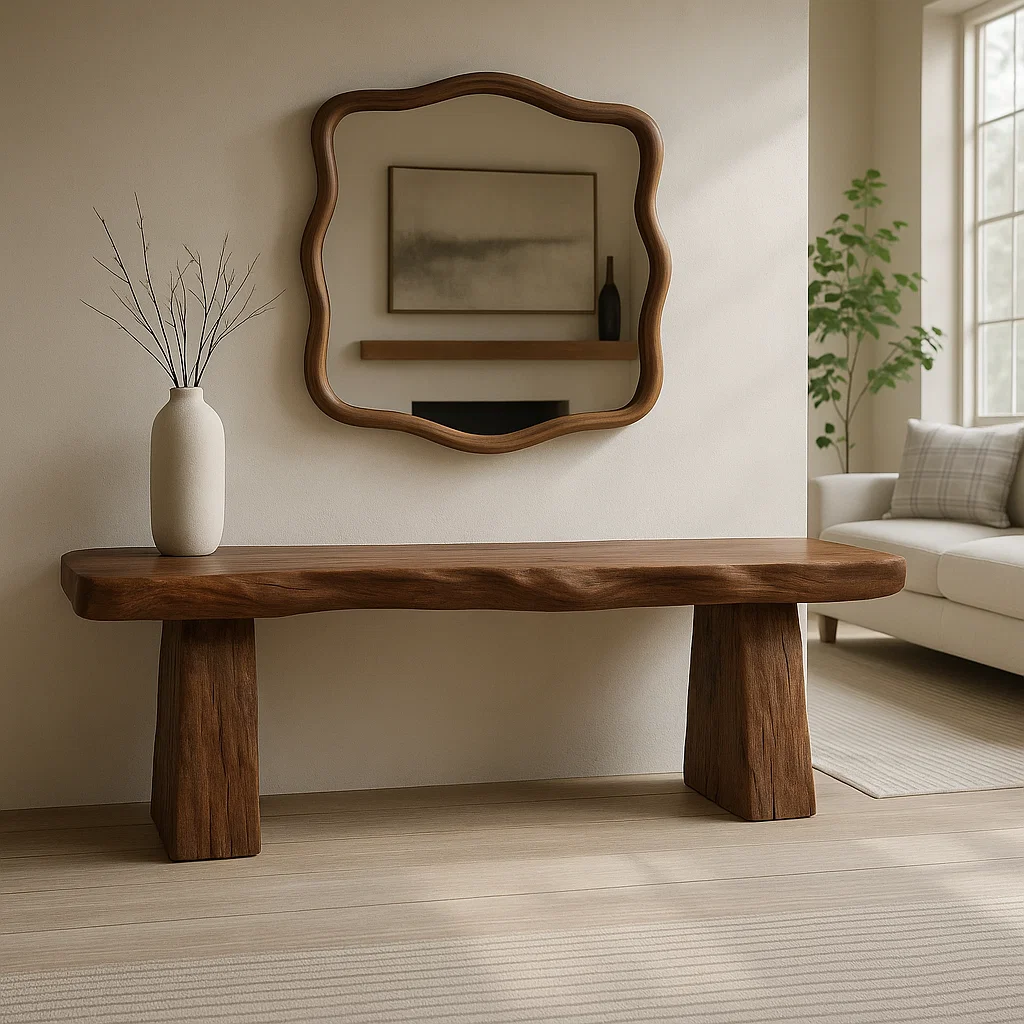 Solid Wood Entryway Bench with Sculpted Base, Handmade Rustic Hallway Seat