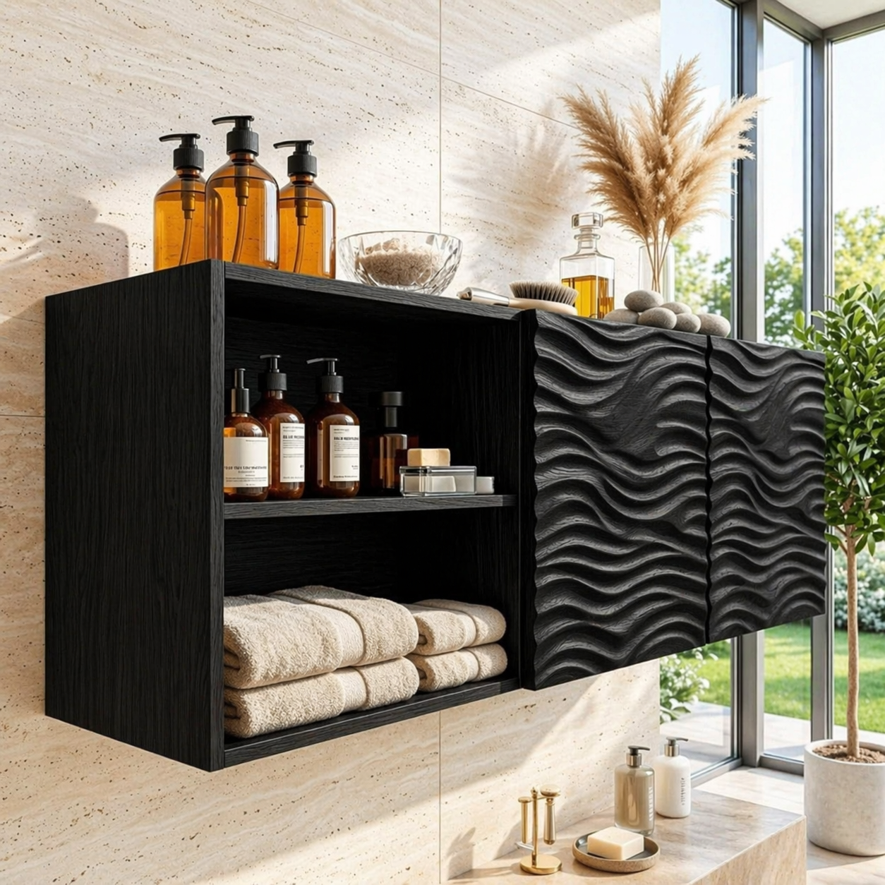Floating Bathroom Cabinet, Modern Wall Mounted Wavy Vanity Storage Shelf Organizer