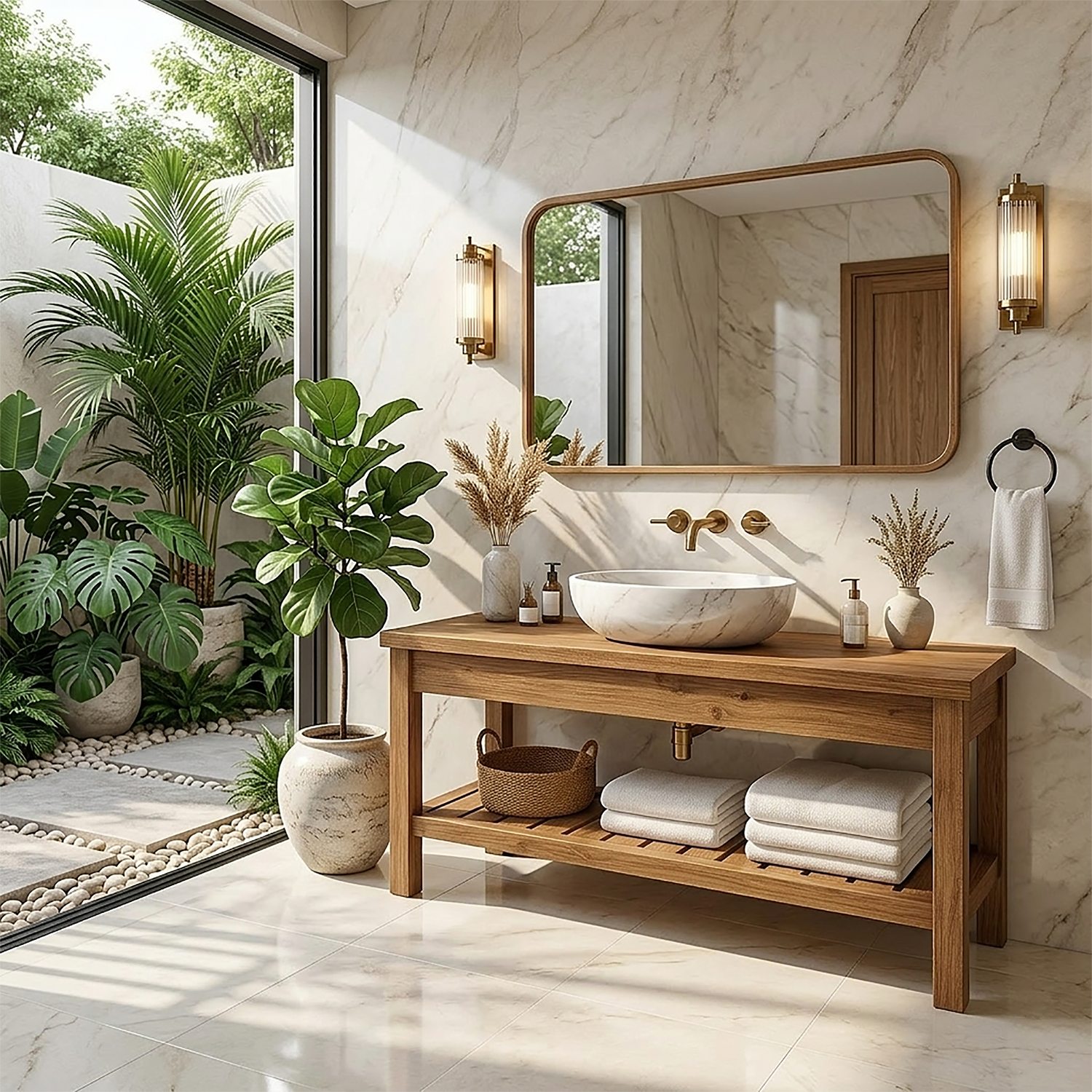 Modern Oak Bathroom Vanity with White Marble Sink and Golden Fixtures