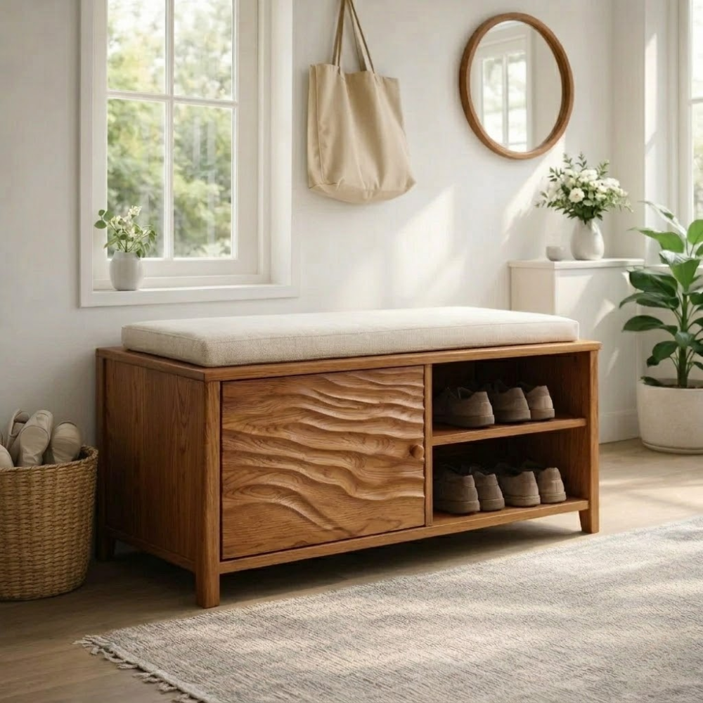Solid Wood Shoe Bench with Cushion & Storage – Entryway Organizer with Shelf
