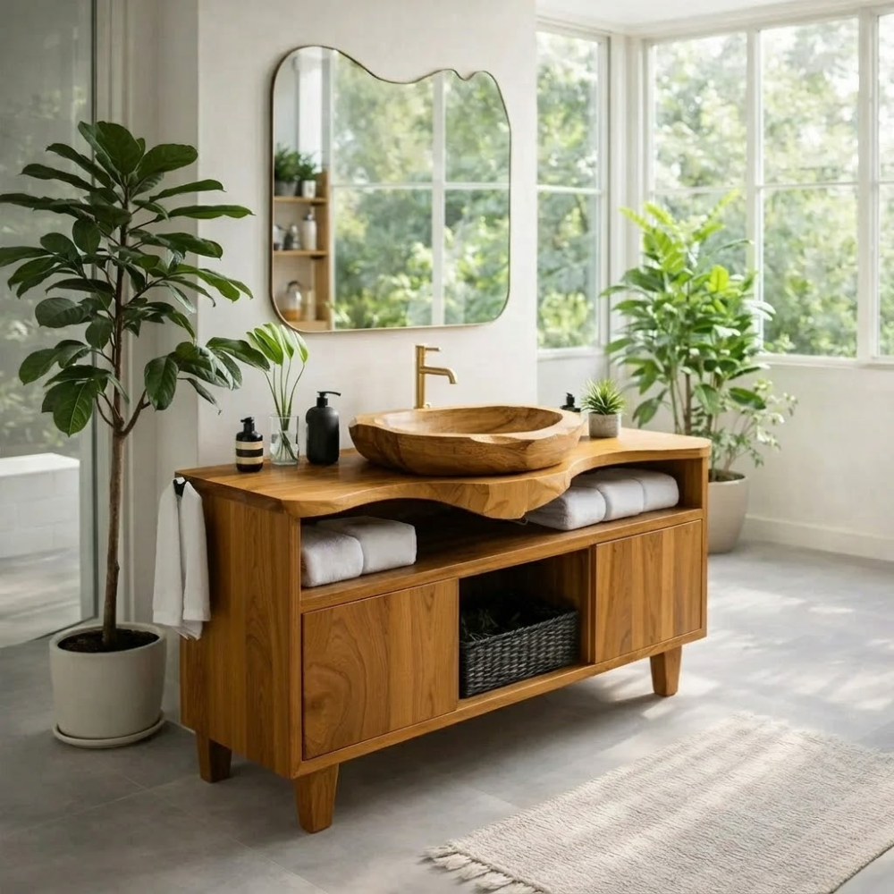 Solid Wood Bathroom Vanity Cabinet with Storage – Modern Oak Vanity Base Only