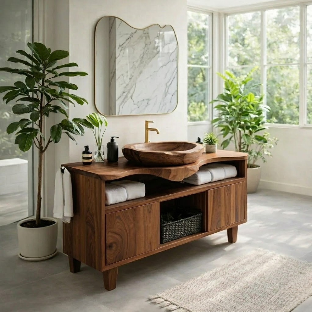 Solid Wood Bathroom Vanity Cabinet with Storage – Modern Oak Vanity Base Only
