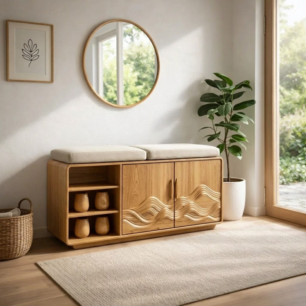 Solid Wood Shoe Bench with Cushion & Cabinet – Entryway Storage with Shelves