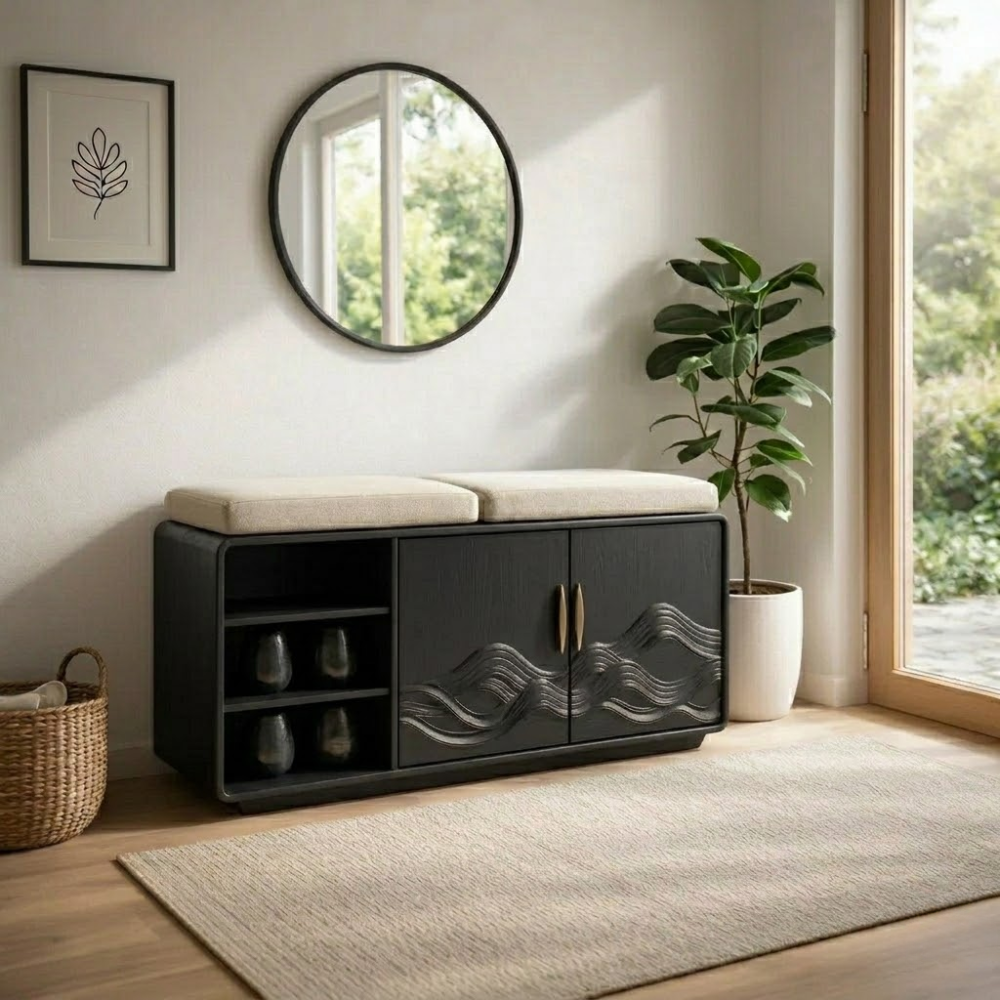 Solid Wood Shoe Bench with Cushion & Cabinet – Entryway Storage with Shelves