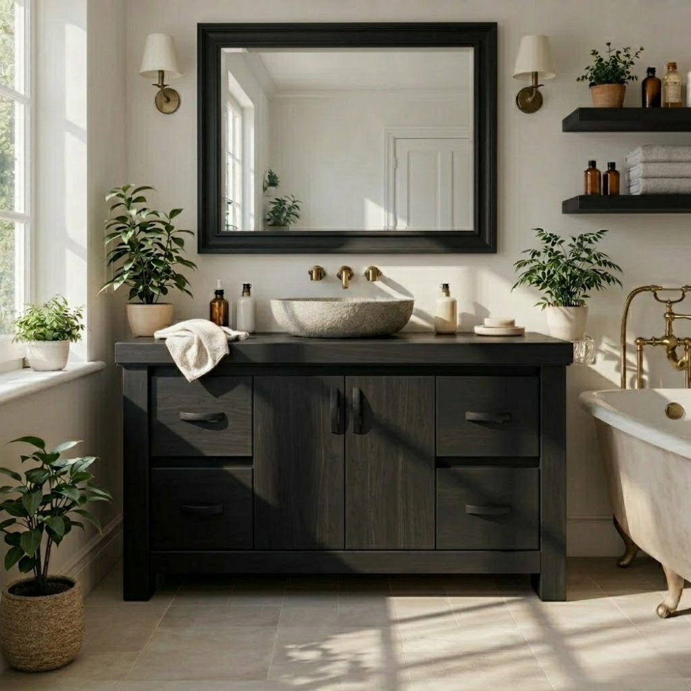 Solid Wood Bathroom Vanity Cabinet with Drawers – Rustic Oak Vanity Base Only