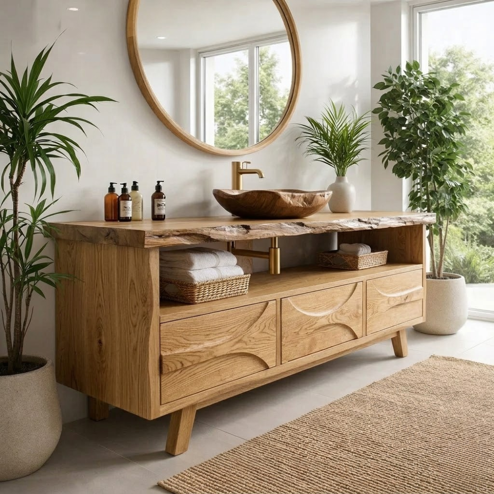 Solid Wood Bathroom Vanity Cabinet with Drawers – Modern Walnut Vanity Base Only
