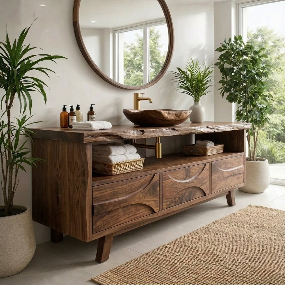 Solid Wood Bathroom Vanity Cabinet with Drawers – Modern Walnut Vanity Base Only