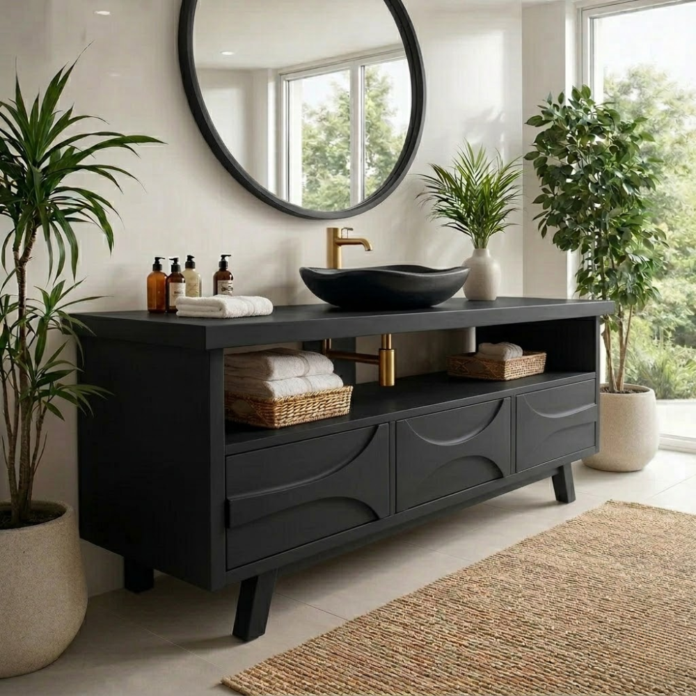 Solid Wood Bathroom Vanity Cabinet with Drawers – Modern Walnut Vanity Base Only